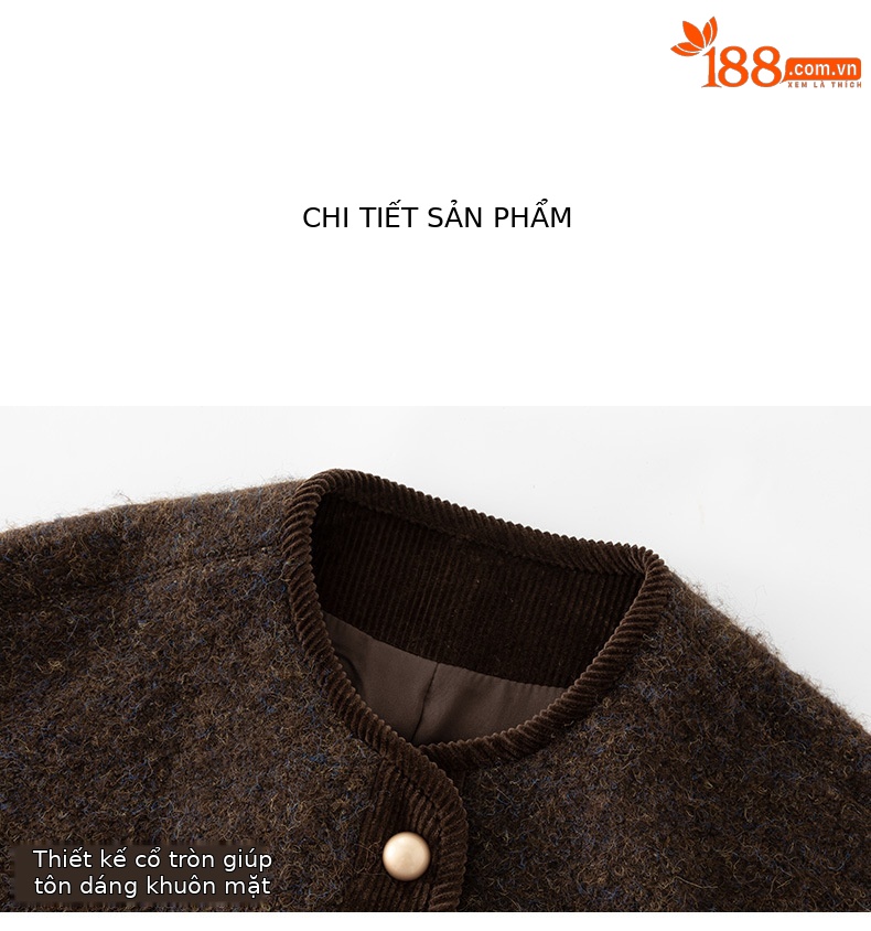 Áo khoác len dạ nữ cổ tròn dáng ngắn phong cách Pháp — Màu nâu chi tiết 19