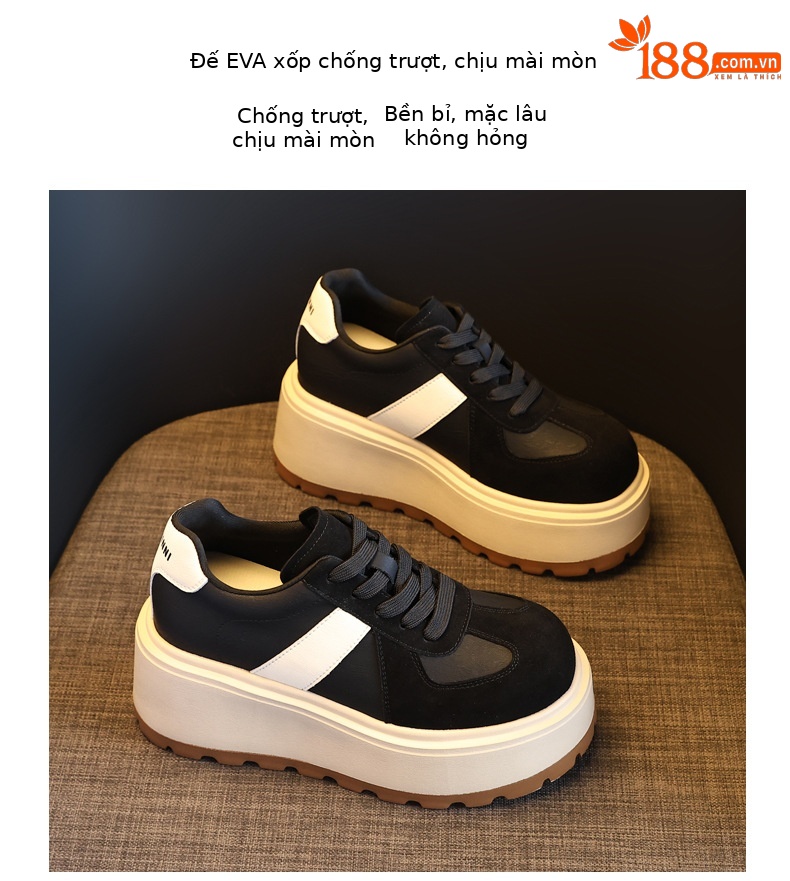 Giày thể thao nữ đế dày nâng chiều cao, sneaker chunky đế bánh mì mềm — màu đen chi tiết 10