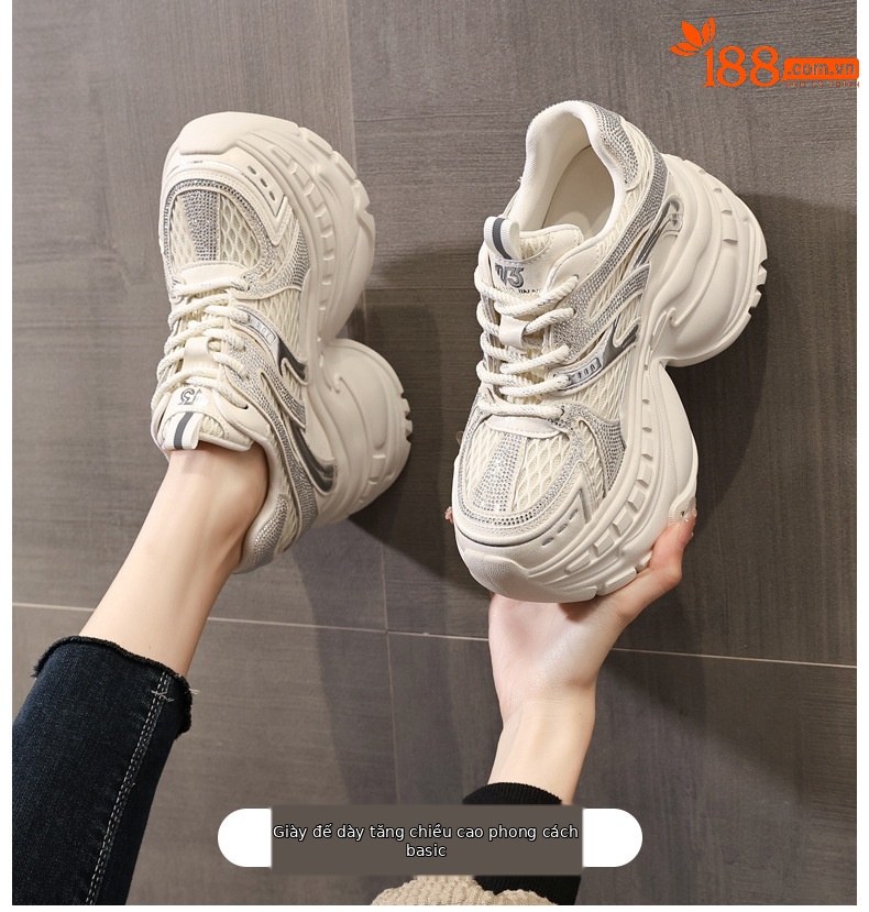 Giày sneaker nữ đế dày tăng chiều cao lưới thoáng khí — màu be chi tiết 1