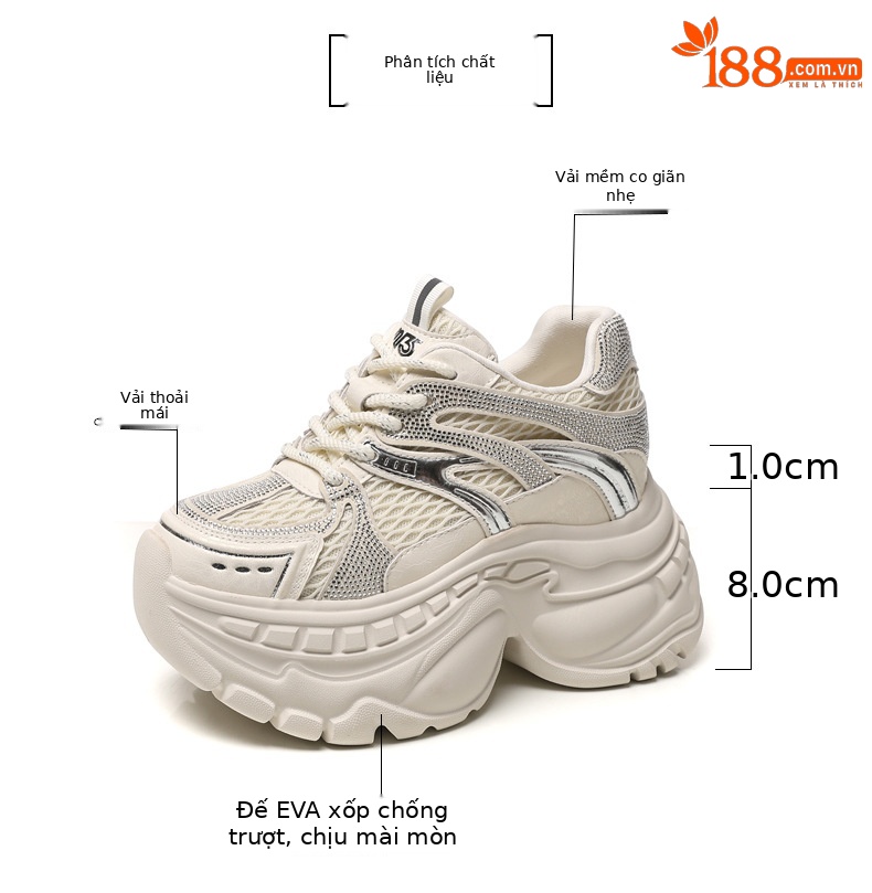 Giày sneaker nữ đế dày tăng chiều cao lưới thoáng khí — màu be chi tiết 2