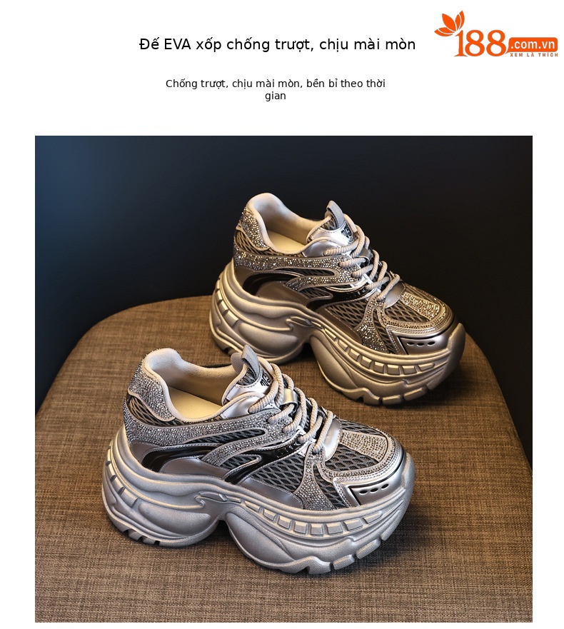 Giày sneaker nữ đế dày tăng chiều cao lưới thoáng khí — màu be chi tiết 9