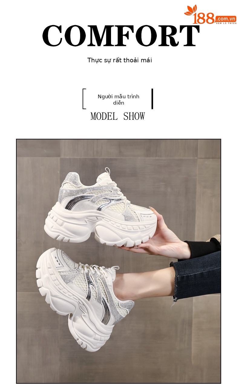 Giày sneaker nữ đế dày tăng chiều cao lưới thoáng khí — màu be chi tiết 10