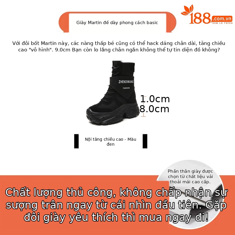 Giày boot nữ cổ ngắn đế xuồng da thật phong cách martin thon gọn — màu đen