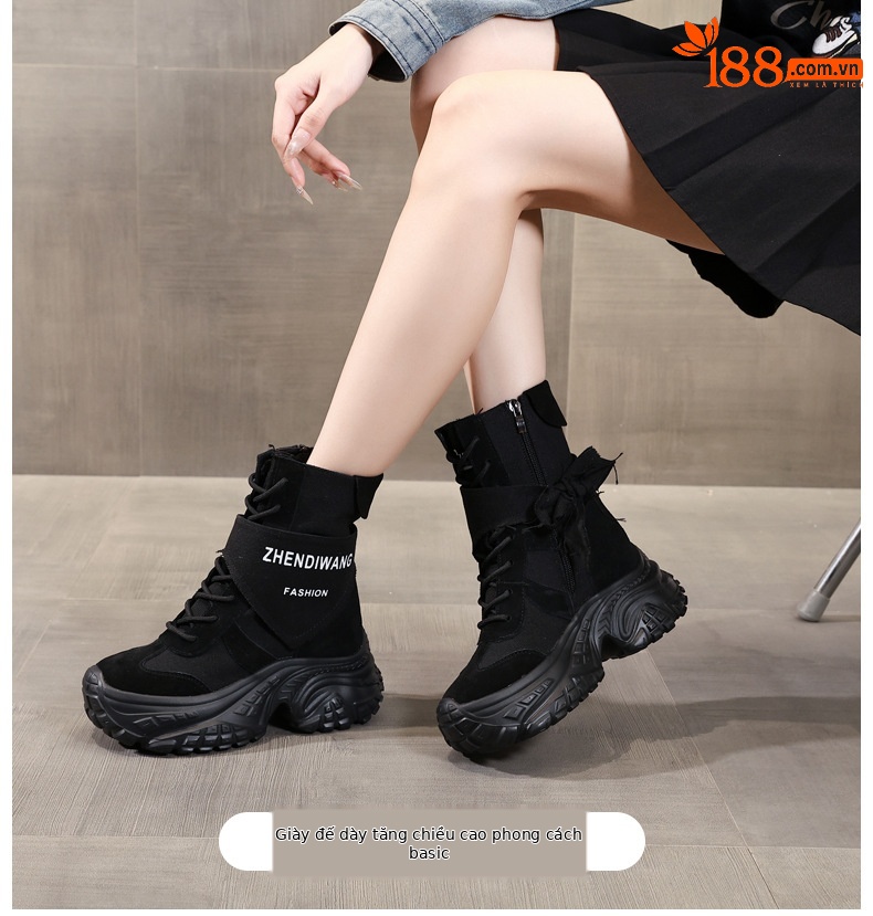 Giày boot nữ cổ ngắn đế xuồng da thật phong cách martin thon gọn — màu đen chi tiết 1