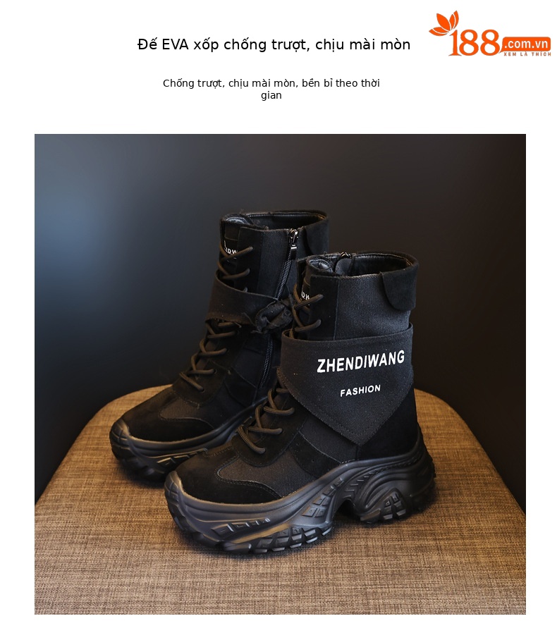 Giày boot nữ cổ ngắn đế xuồng da thật phong cách martin thon gọn — màu đen chi tiết 8