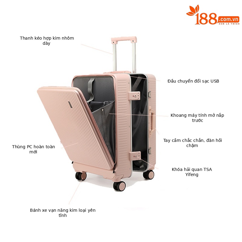 Vali kéo nữ 20 inch cao cấp mở phía trước, chất liệu PC Covestro Đức — Màu đen cao cấp, Trắng, củ sen hồng, màu xám