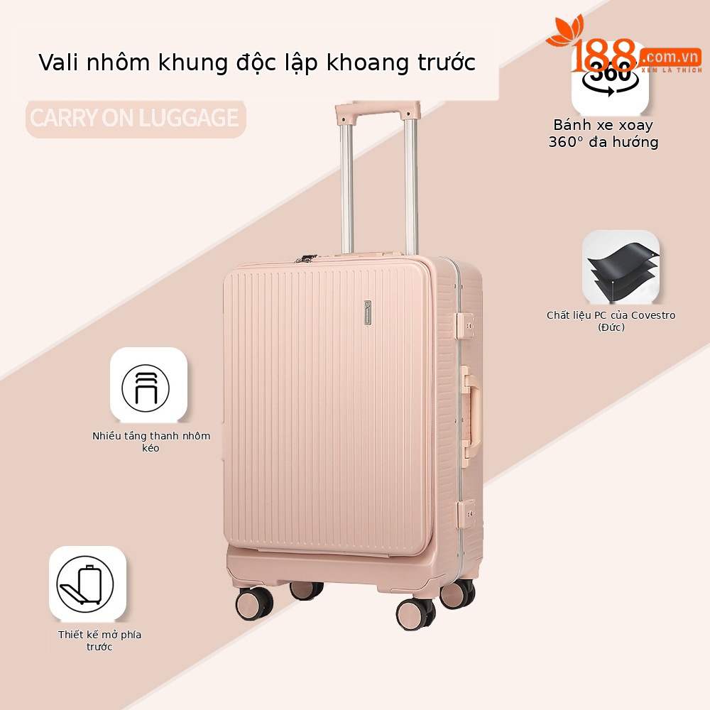 Vali kéo nữ 20 inch cao cấp mở phía trước, chất liệu PC Covestro Đức — Màu đen cao cấp, Trắng, củ sen hồng, màu xám