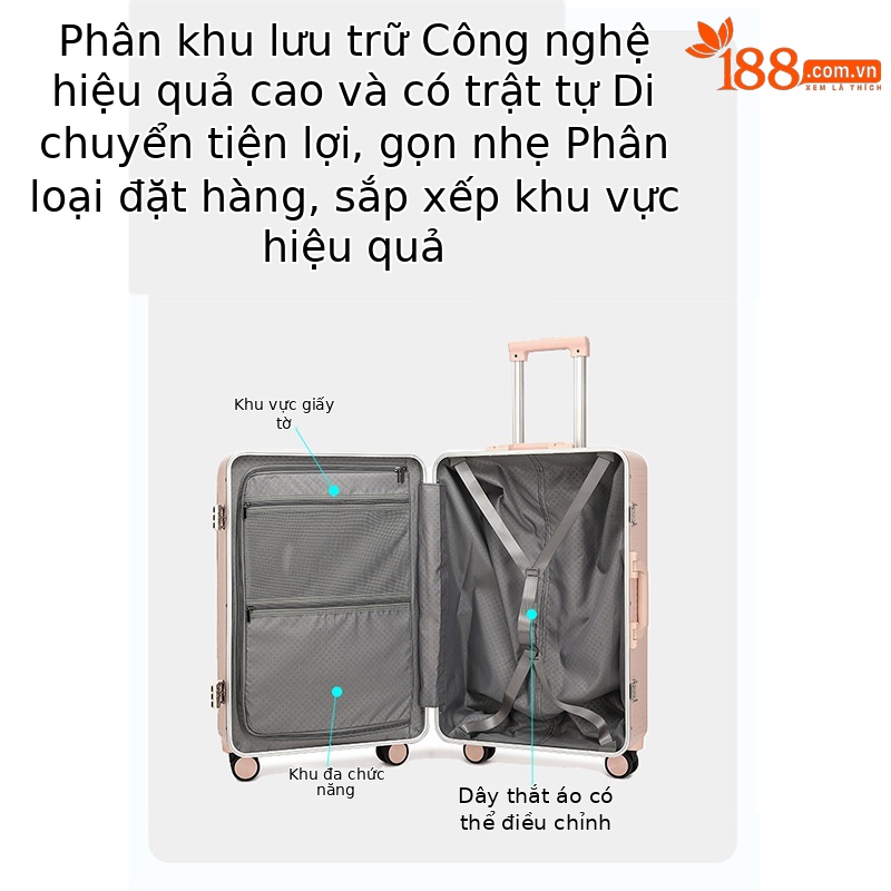 Vali kéo nữ 20 inch cao cấp mở phía trước, chất liệu PC Covestro Đức — Màu đen cao cấp, Trắng, củ sen hồng, màu xám