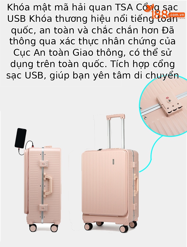 Vali kéo nữ 20 inch cao cấp mở phía trước, chất liệu PC Covestro Đức — Màu đen cao cấp, Trắng, củ sen hồng, màu xám chi tiết 6