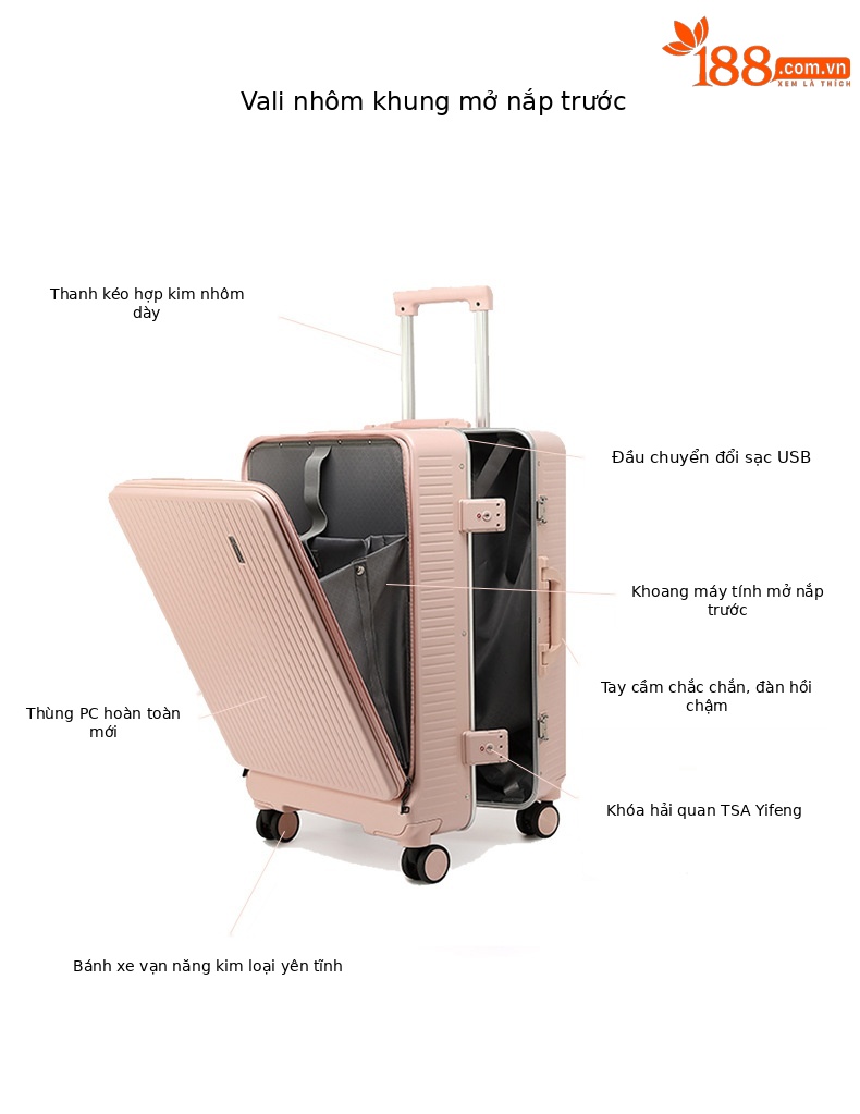 Vali kéo nữ 20 inch cao cấp mở phía trước, chất liệu PC Covestro Đức — Màu đen cao cấp, Trắng, củ sen hồng, màu xám chi tiết 7