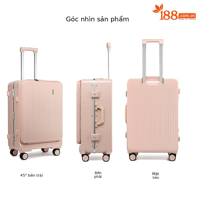 Vali kéo nữ 20 inch cao cấp mở phía trước, chất liệu PC Covestro Đức — Màu đen cao cấp, Trắng, củ sen hồng, màu xám chi tiết 8