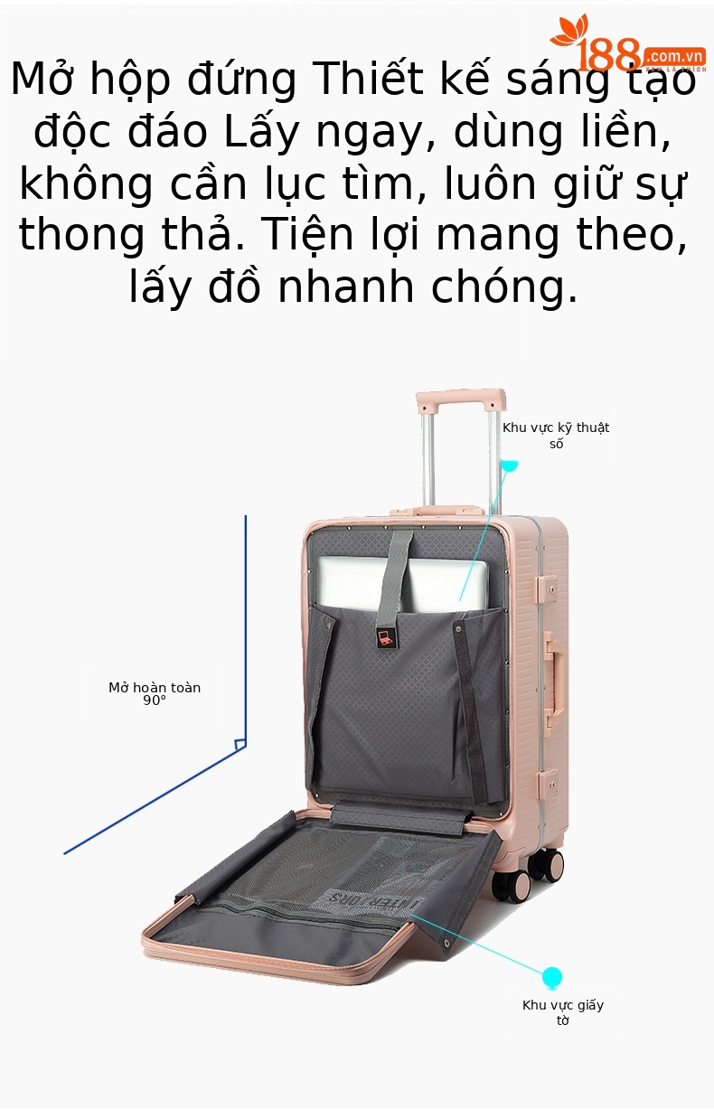 Vali kéo nữ 20 inch cao cấp mở phía trước, chất liệu PC Covestro Đức — Màu đen cao cấp, Trắng, củ sen hồng, màu xám chi tiết 3