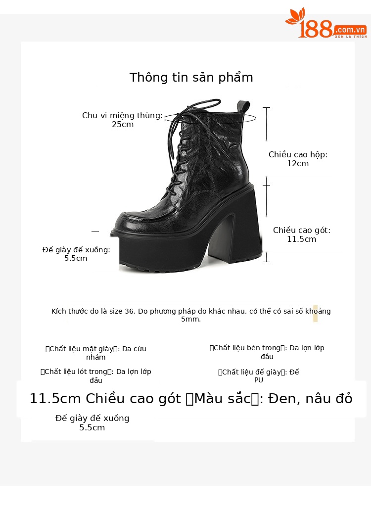 Boot nữ da dê buộc dây đế dày siêu cao gót mùa thu đông 2025 — Lớp lót nhung đen, Da đen, Nhung nâu, da màu nâu chi tiết 4