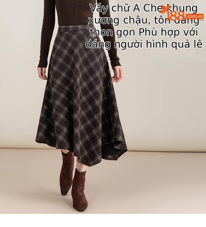 Váy len kẻ sọc bất đối xứng eo cao dáng chữ A dài vừa phải — lưới chi tiết 12