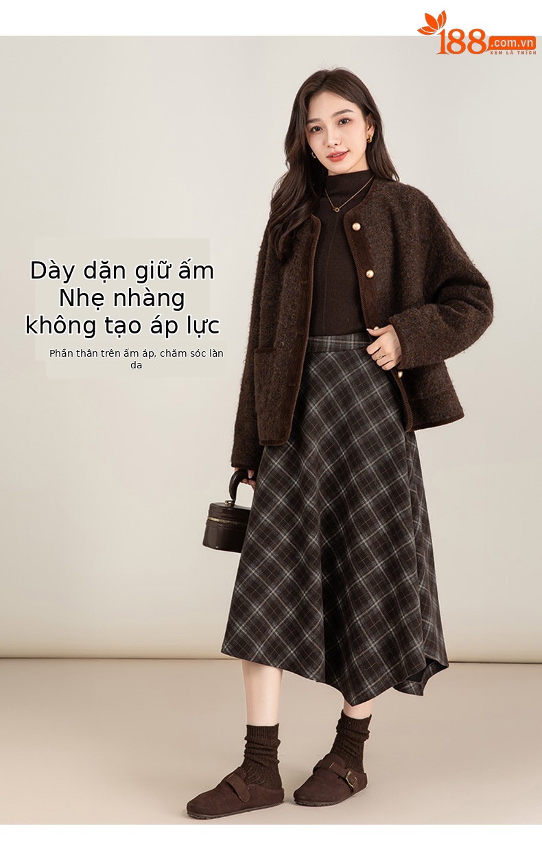 Váy len kẻ sọc bất đối xứng eo cao dáng chữ A dài vừa phải — lưới chi tiết 14