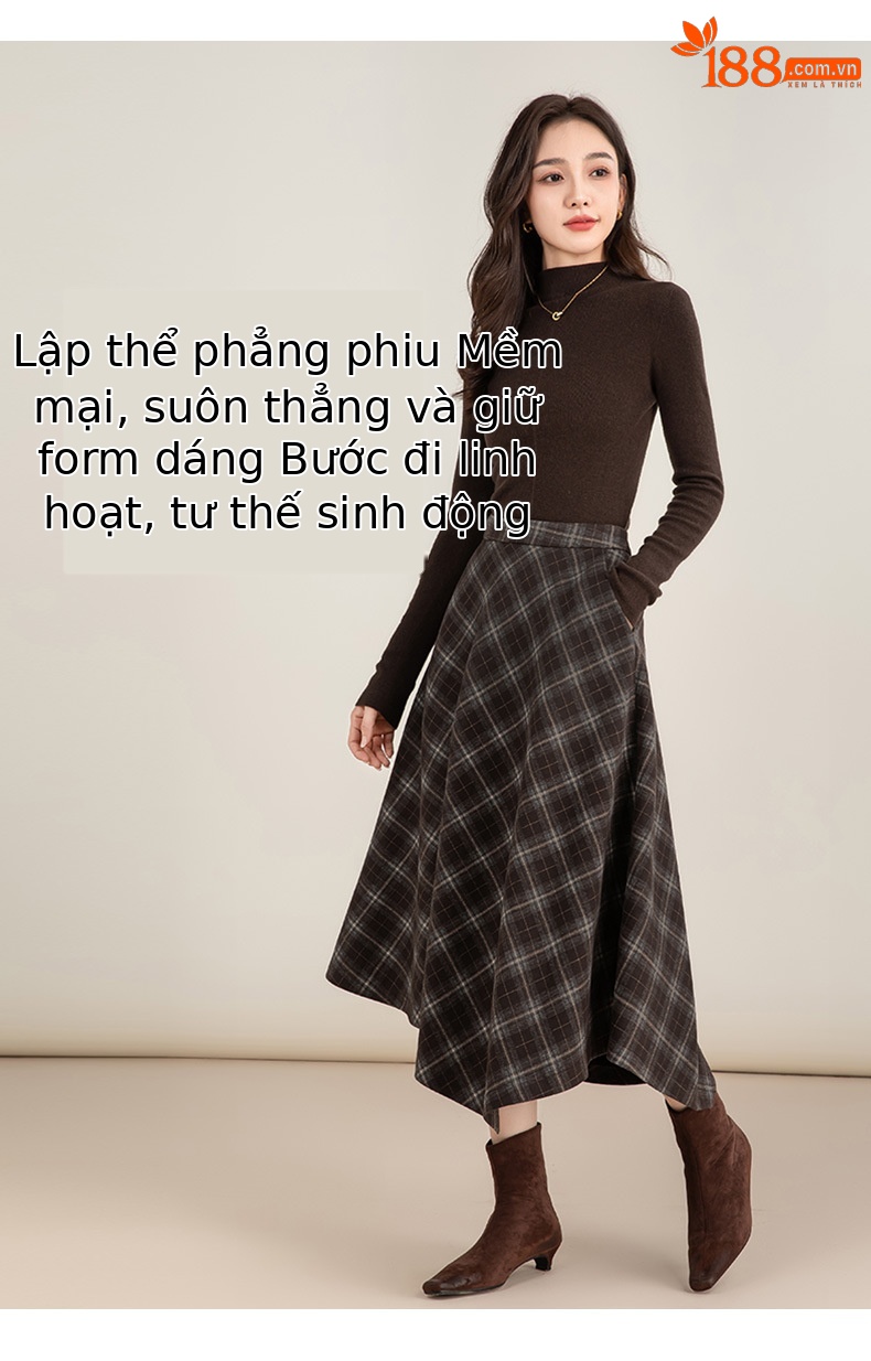 Váy len kẻ sọc bất đối xứng eo cao dáng chữ A dài vừa phải — lưới chi tiết 15