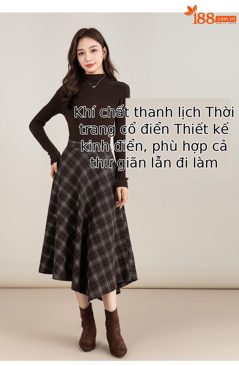Váy len kẻ sọc bất đối xứng eo cao dáng chữ A dài vừa phải — lưới chi tiết 17
