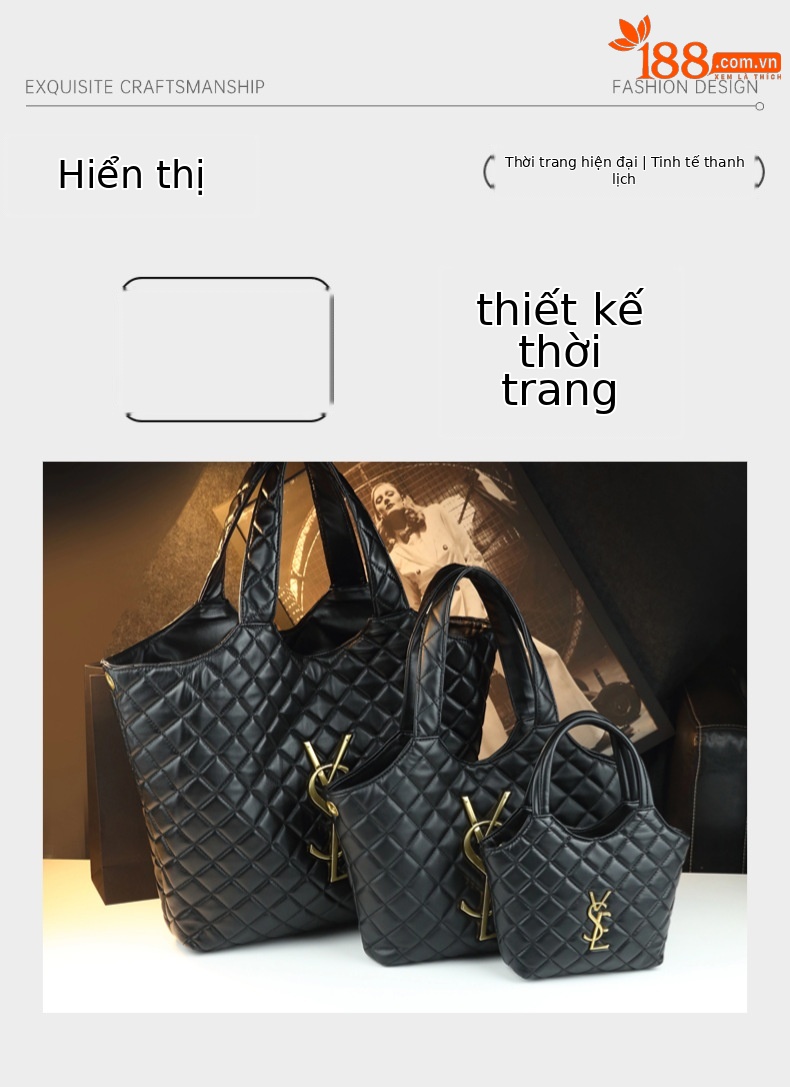 Túi tote nữ dung lượng lớn may chần bông đeo vai nách mềm mại — da cừu vừa màu đen, Họa tiết cừu lớn màu đen, Họa tiết cừu nhỏ màu đen chi tiết 3