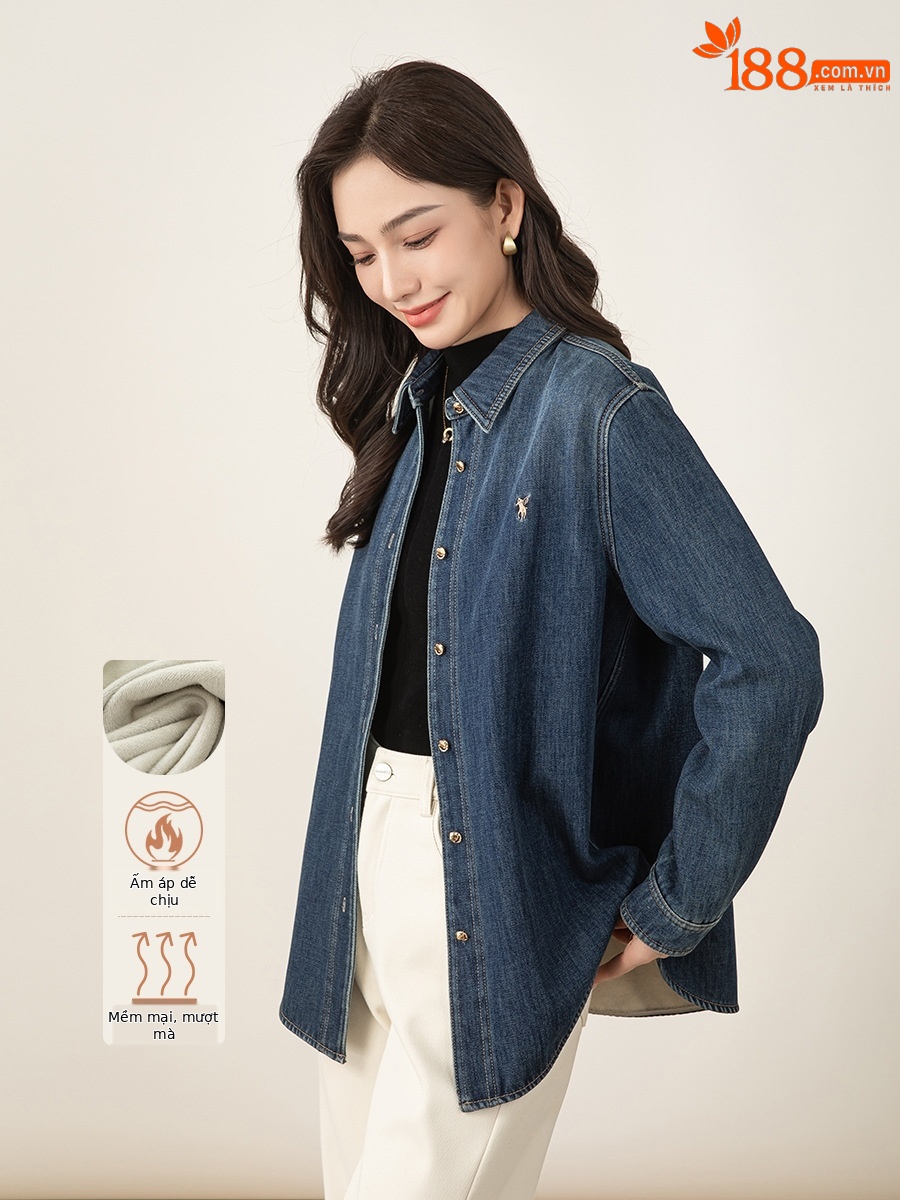 Áo sơ mi denim nữ dáng rộng tay dài, phối lớp retro, có lót nhung ấm — màu xanh