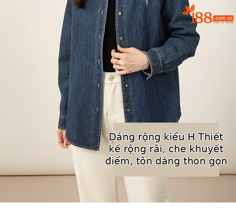 Áo sơ mi denim nữ dáng rộng tay dài, phối lớp retro, có lót nhung ấm — màu xanh chi tiết 13