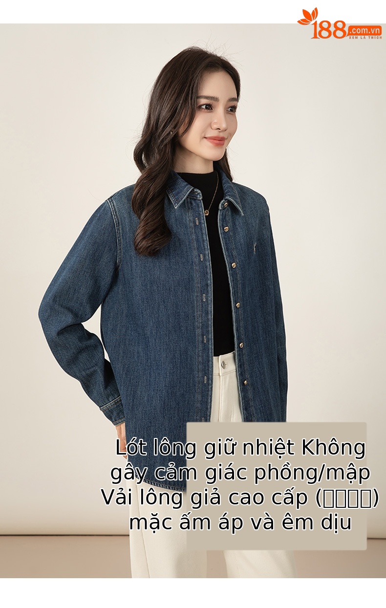 Áo sơ mi denim nữ dáng rộng tay dài, phối lớp retro, có lót nhung ấm — màu xanh chi tiết 14