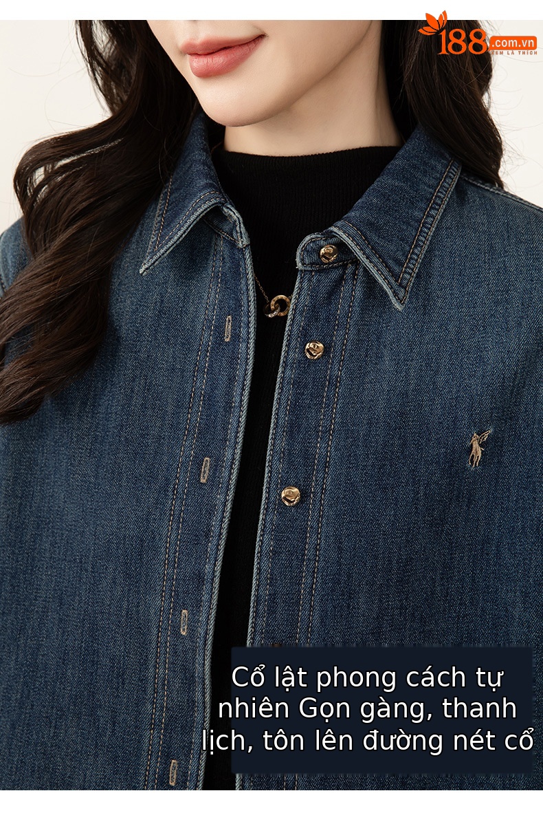 Áo sơ mi denim nữ dáng rộng tay dài, phối lớp retro, có lót nhung ấm — màu xanh chi tiết 15