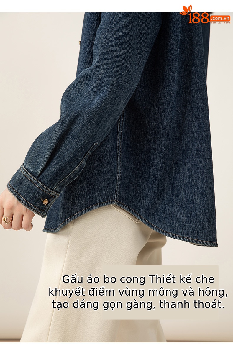 Áo sơ mi denim nữ dáng rộng tay dài, phối lớp retro, có lót nhung ấm — màu xanh chi tiết 16