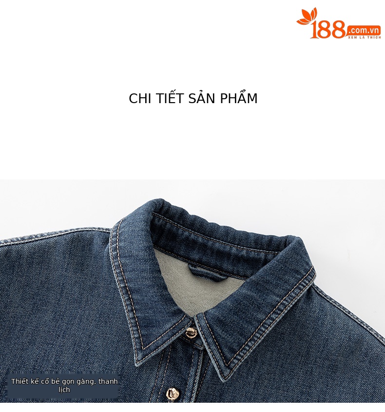 Áo sơ mi denim nữ dáng rộng tay dài, phối lớp retro, có lót nhung ấm — màu xanh chi tiết 19