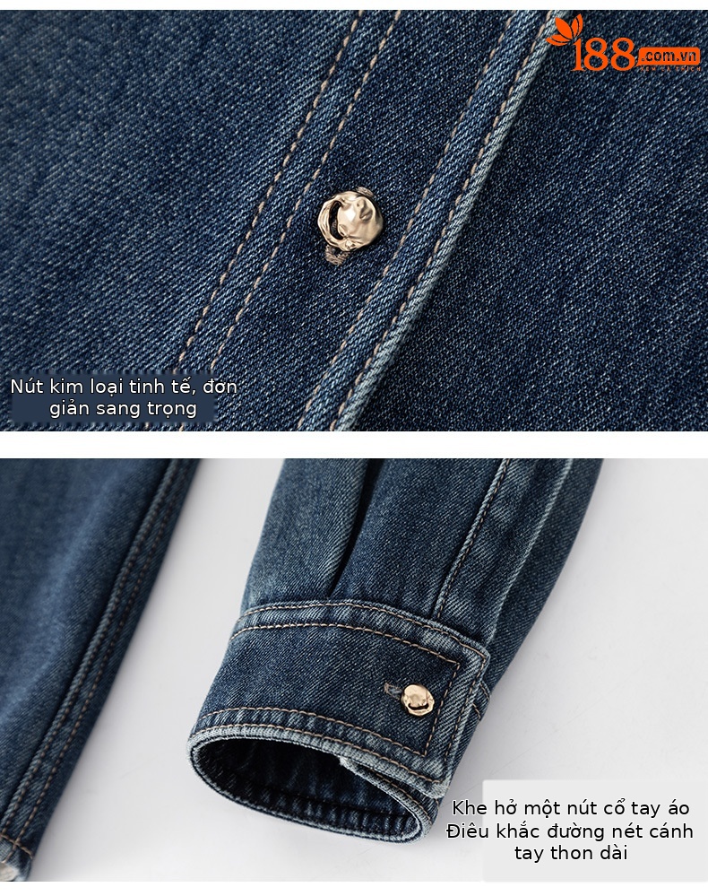 Áo sơ mi denim nữ dáng rộng tay dài, phối lớp retro, có lót nhung ấm — màu xanh chi tiết 20