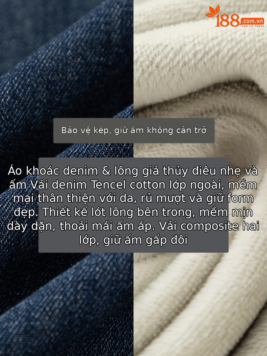Áo sơ mi denim nữ dáng rộng tay dài, phối lớp retro, có lót nhung ấm — màu xanh
