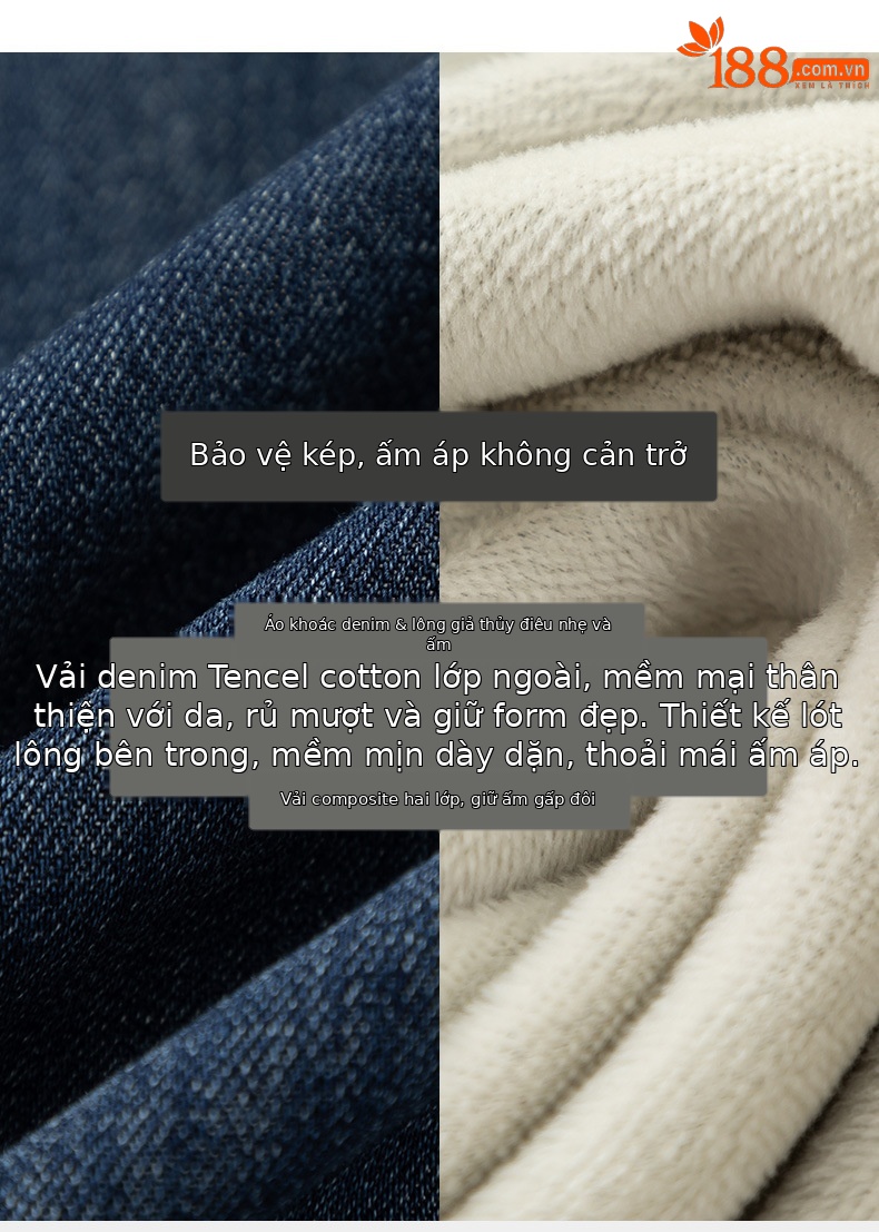 Áo sơ mi denim nữ dáng rộng tay dài, phối lớp retro, có lót nhung ấm — màu xanh chi tiết 3