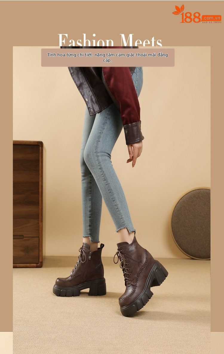 Boot nữ da thật cổ cao ôm bắp chân, đế dày 10 cm, phong cách cổ điển — Lớp lót nhung đen chi tiết 1