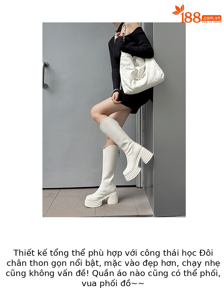 Boot nữ cổ cao đế dày da bò kiểu Chanel cổ chữ V, gót cao 12–15 cm — Lớp lót đơn màu trắng nhạt 12cm, Lớp lót nhung màu hồng 15cm, Lớp lót nhung màu trắng nhạt 12cm, Lớp lót đơn màu trắng nhạt 15cm chi tiết 3