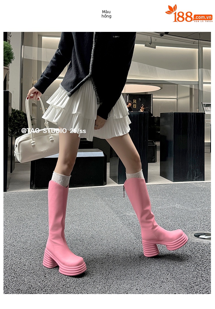 Boot nữ cổ cao đế dày da bò kiểu Chanel cổ chữ V, gót cao 12–15 cm — Lớp lót đơn màu trắng nhạt 12cm, Lớp lót nhung màu hồng 15cm, Lớp lót nhung màu trắng nhạt 12cm, Lớp lót đơn màu trắng nhạt 15cm chi tiết 17
