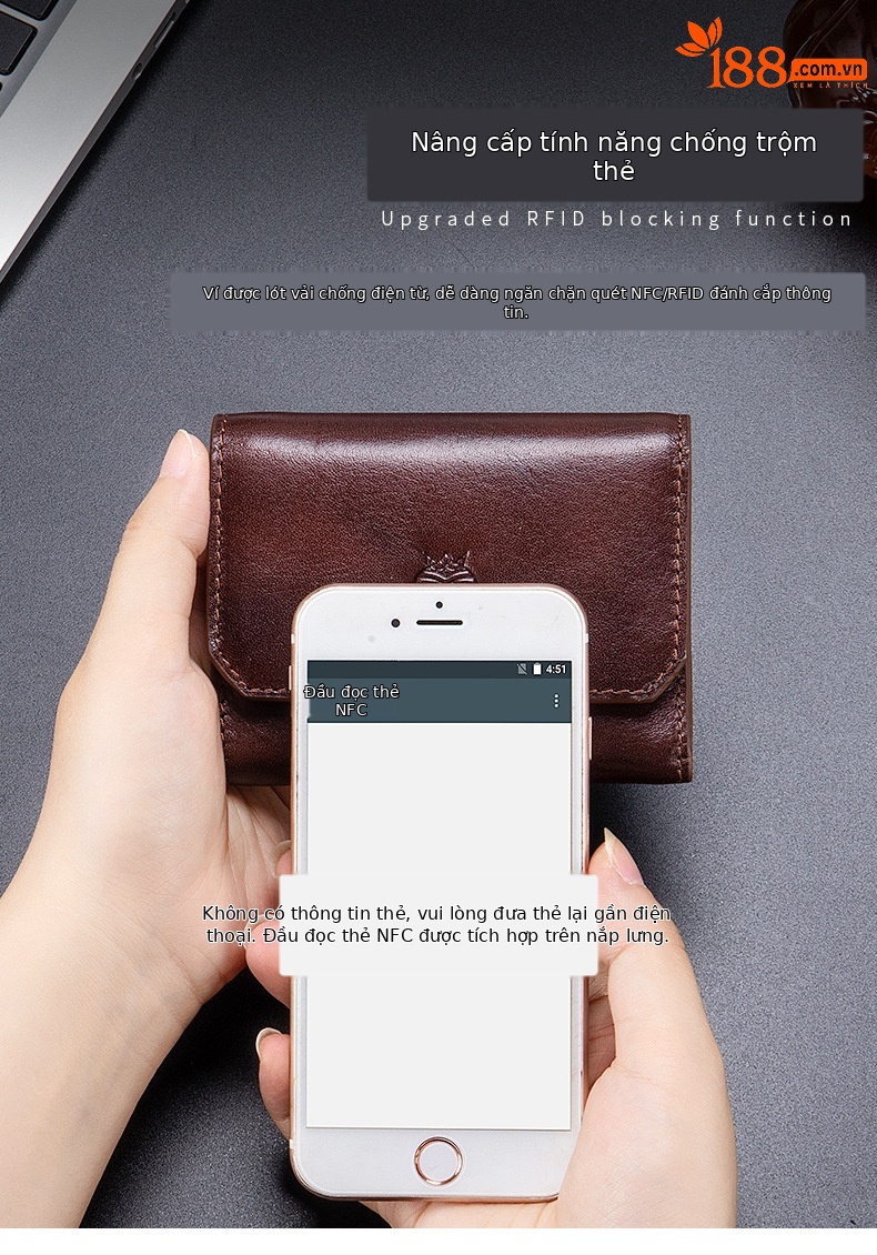 Ví nam ngắn da thật cổ điển chống trộm RFID — Màu nâu, màu đen, màu nâu đỏ chi tiết 4