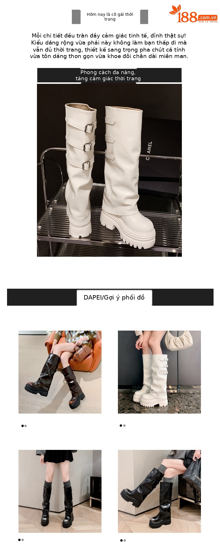 Boot nữ cổ cao ôm bắp chân da thật đế dày tăng chiều cao 15cm gót chunky — Lớp lót đơn màu trắng nhạt 12cm, Lớp lót đơn màu nâu 15cm, Màu đen đơn 12cm, Lớp lót nhung màu nâu 12cm chi tiết 2