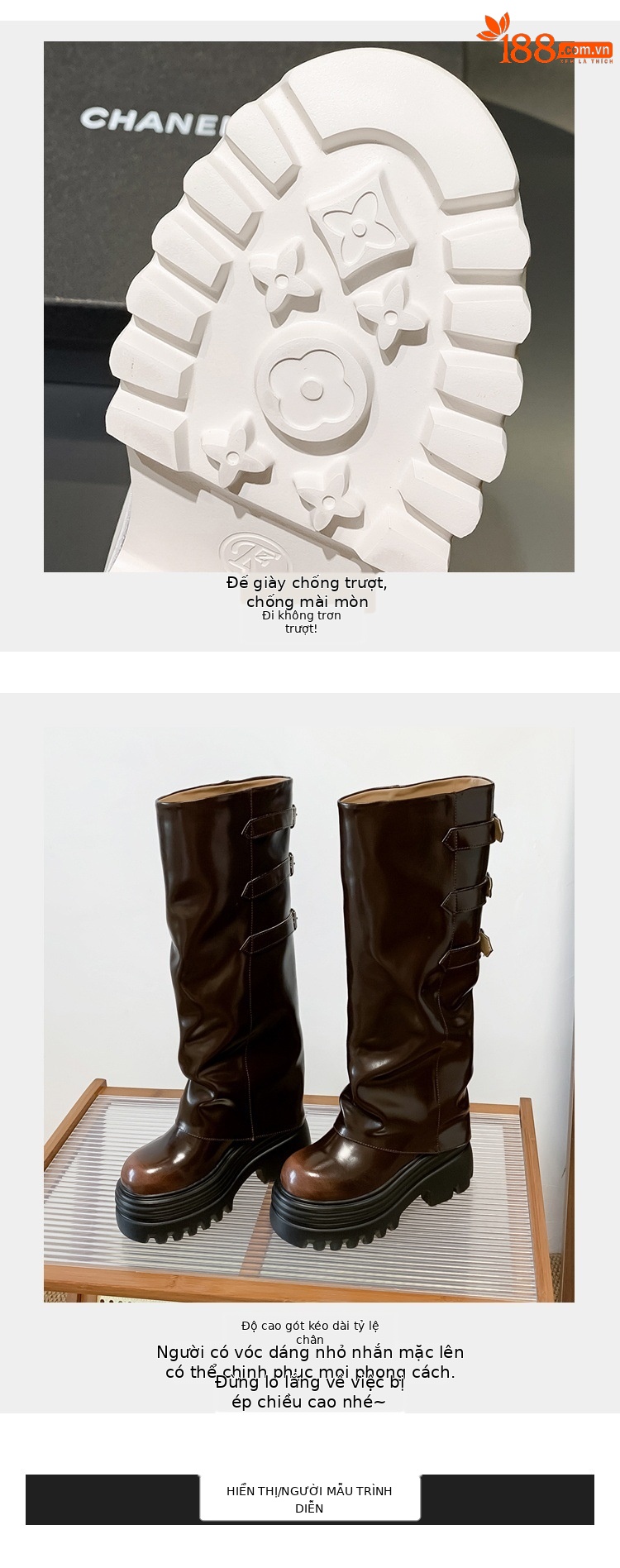 Boot nữ cổ cao ôm bắp chân da thật đế dày tăng chiều cao 15cm gót chunky — Lớp lót đơn màu trắng nhạt 12cm, Lớp lót đơn màu nâu 15cm, Màu đen đơn 12cm, Lớp lót nhung màu nâu 12cm chi tiết 4