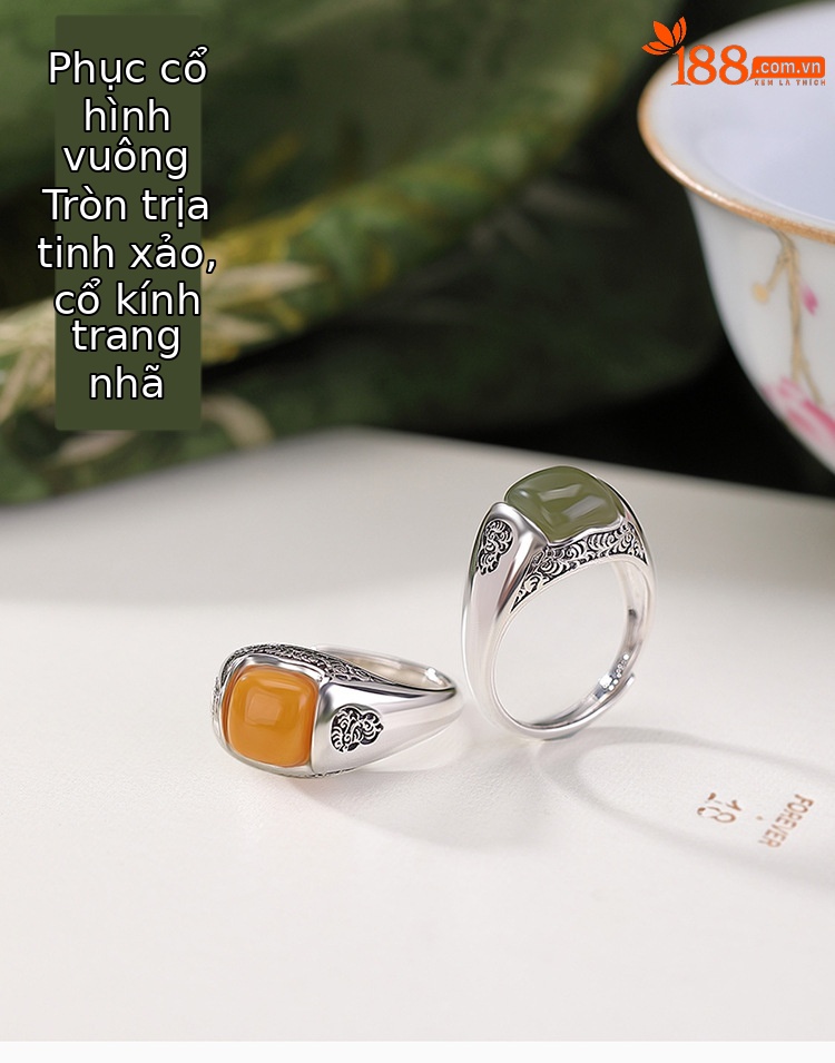 Nhẫn bạc S925 hình vuông họa tiết cổ điển phong cách Tang Grass — Mô hình sáp ong chi tiết 1