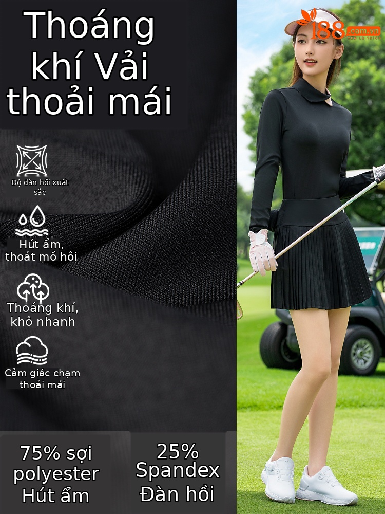 Áo lớp lót golf nữ tay dài cổ phối màu, thoáng khí thấm mồ hôi — Tay áo dài màu xanh nhạt [thoáng khí và thấm mồ hôi/dây kéo sau/cổ áo chặn màu bất đối xứng] YF841