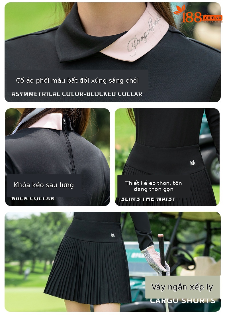 Áo lớp lót golf nữ tay dài cổ phối màu, thoáng khí thấm mồ hôi — Tay áo dài màu xanh nhạt [thoáng khí và thấm mồ hôi/dây kéo sau/cổ áo chặn màu bất đối xứng] YF841 chi tiết 5