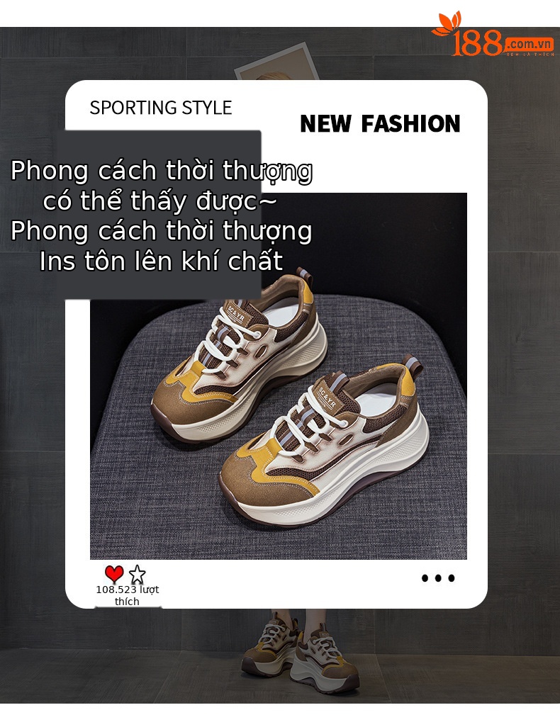 Giày sneaker nữ đế dày 2026 mới nhất thu đông, phong cách thể thao đa năng, đế mềm êm ái tăng chiều cao — M2962 màu vàng, M2962 màu xanh lá cây chi tiết 3