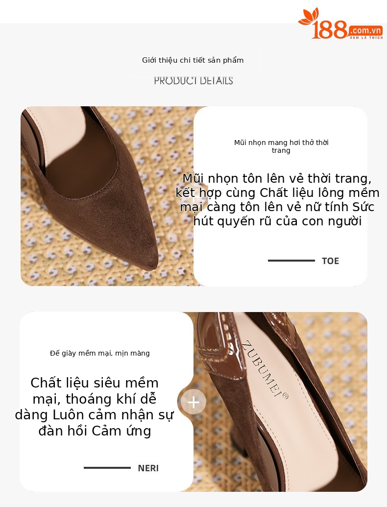Giày cao gót nữ mũi nhọn da lộn đế xuồng platform chống thấm nước — nâu chi tiết 1