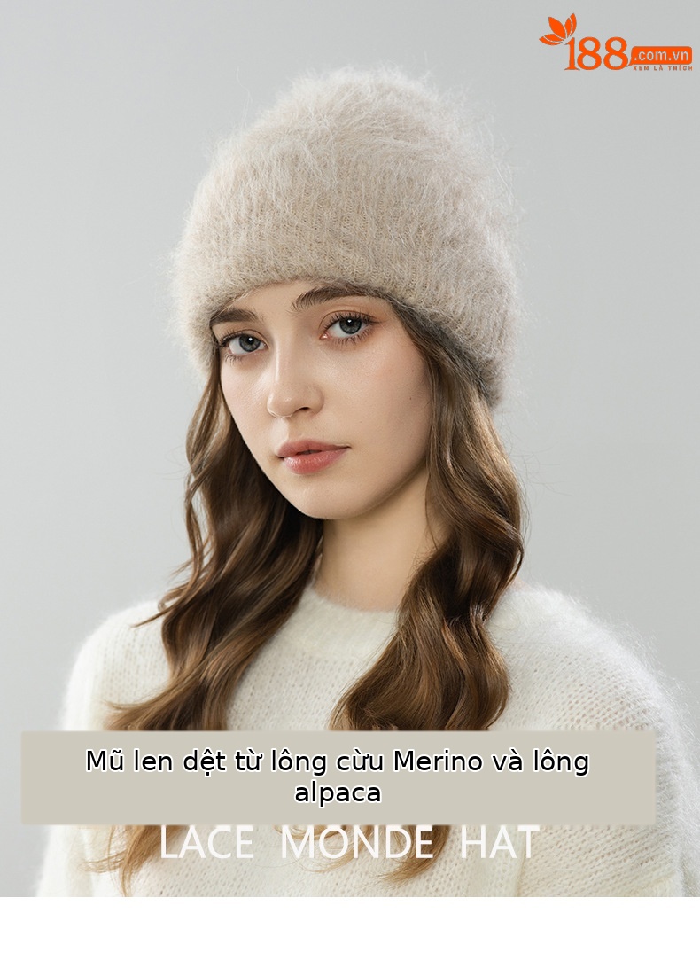 Mũ len beanie nữ lông cừu giữ ấm, vành tai bảo vệ, cỡ đầu lớn — màu be chi tiết 1