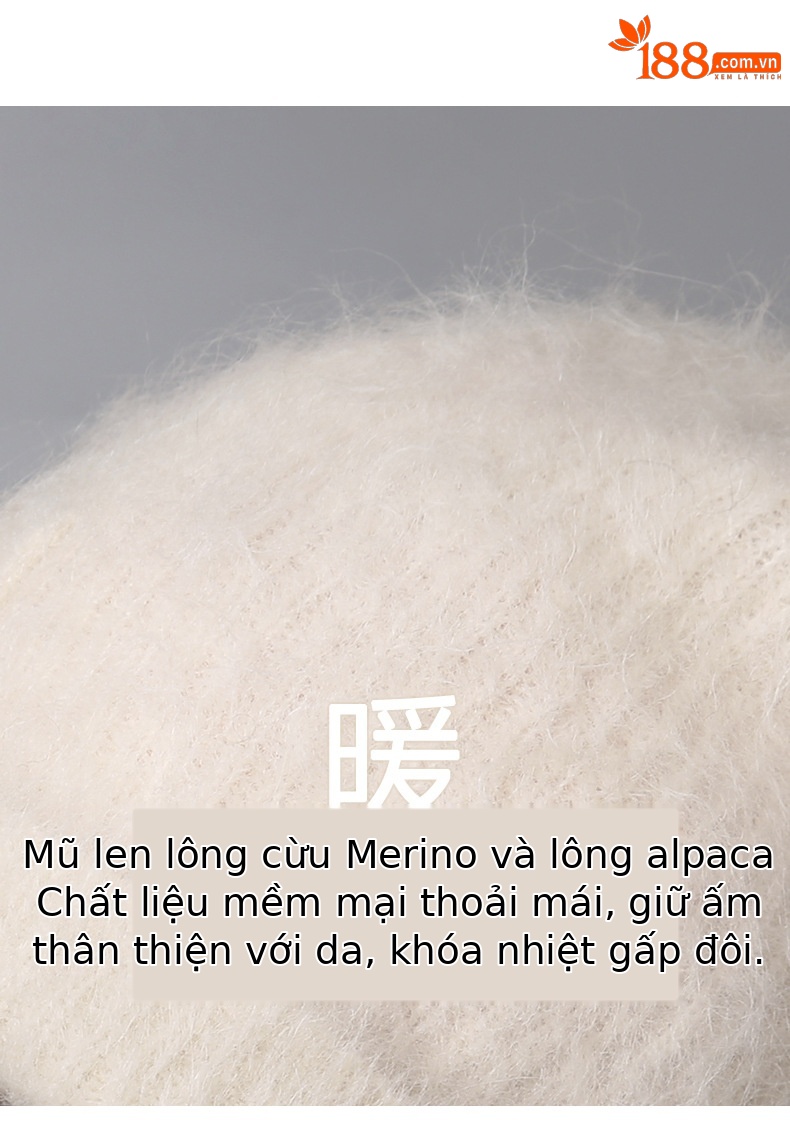 Mũ len beanie nữ lông cừu giữ ấm, vành tai bảo vệ, cỡ đầu lớn — màu be chi tiết 2