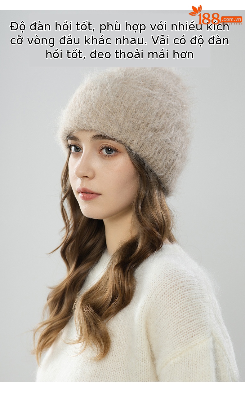 Mũ len beanie nữ lông cừu giữ ấm, vành tai bảo vệ, cỡ đầu lớn — màu be chi tiết 3