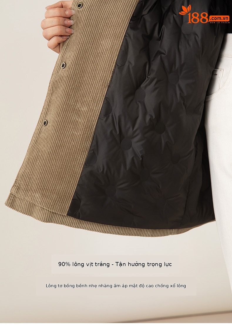 Áo khoác nữ phong cách retro barn phối sọc nhung kẻ, dáng rộng dài vừa phải, cổ áo công sở — Kaki chi tiết 1
