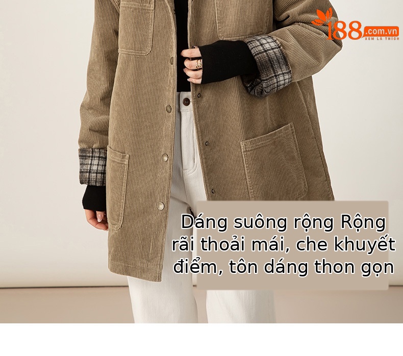 Áo khoác nữ phong cách retro barn phối sọc nhung kẻ, dáng rộng dài vừa phải, cổ áo công sở — Kaki chi tiết 13