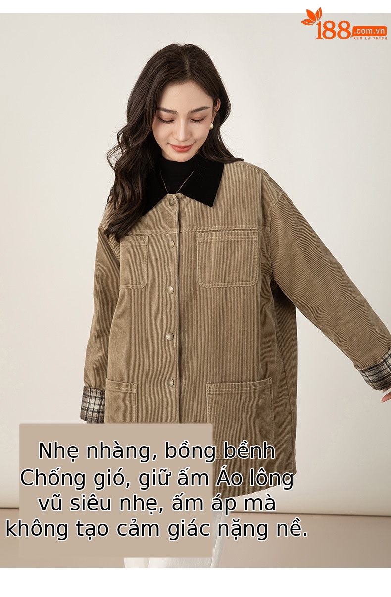 Áo khoác nữ phong cách retro barn phối sọc nhung kẻ, dáng rộng dài vừa phải, cổ áo công sở — Kaki chi tiết 15