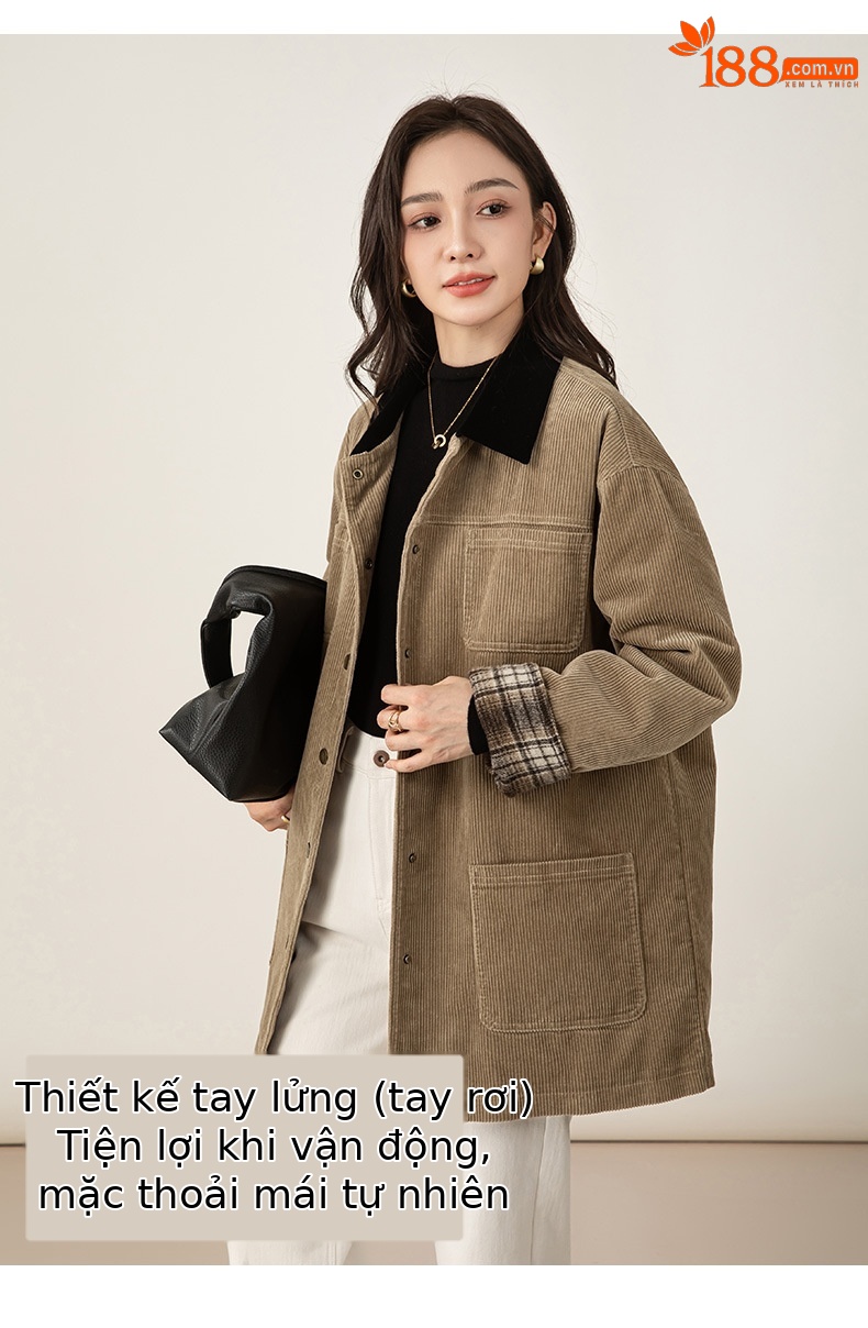 Áo khoác nữ phong cách retro barn phối sọc nhung kẻ, dáng rộng dài vừa phải, cổ áo công sở — Kaki chi tiết 16