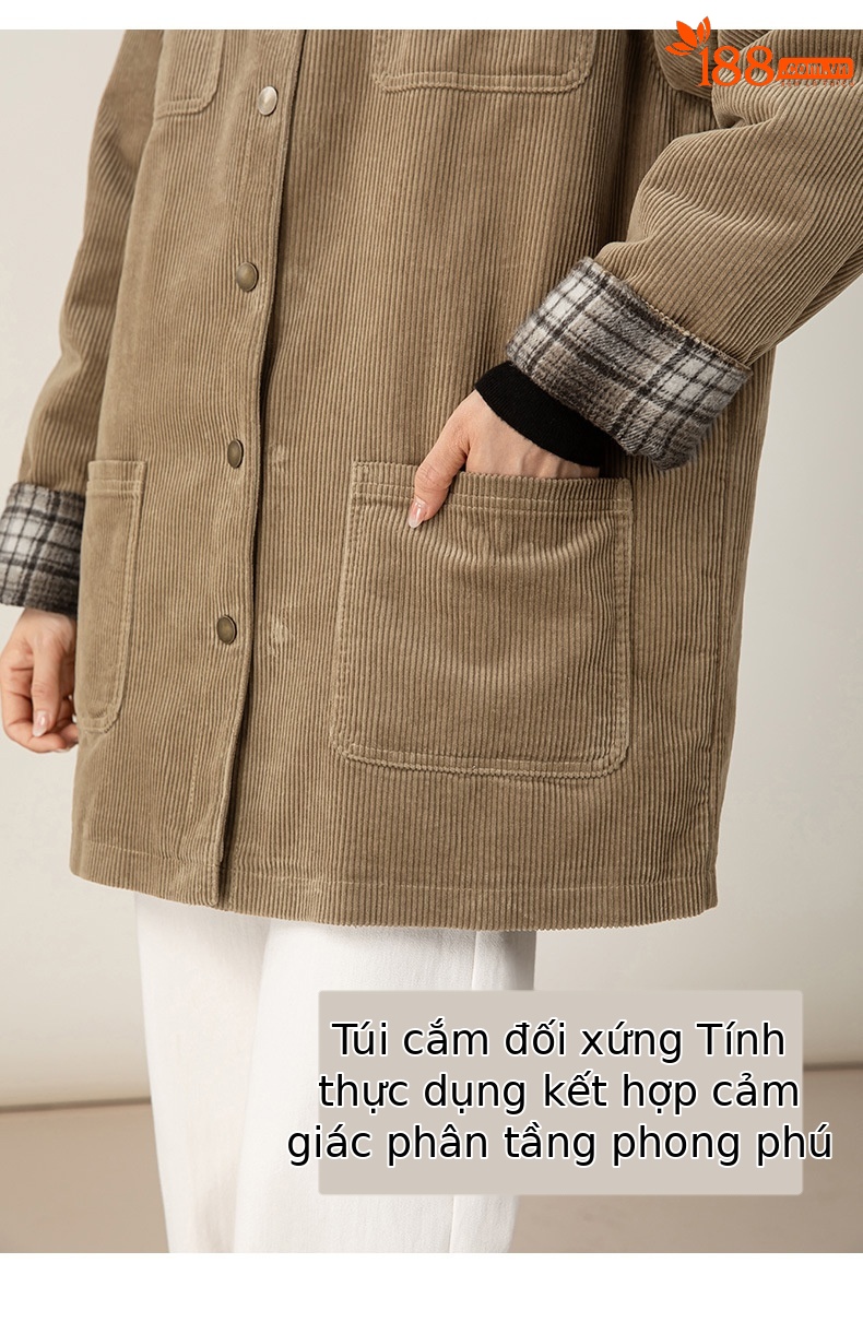 Áo khoác nữ phong cách retro barn phối sọc nhung kẻ, dáng rộng dài vừa phải, cổ áo công sở — Kaki chi tiết 19